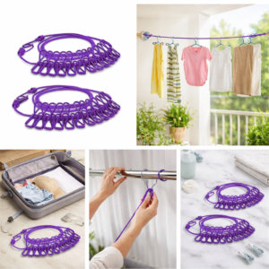 Purple Portable Cloth Drying Rope Pack of 2 with 12 clips and hooks