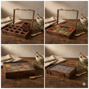 Sheesham Wood Masala Dabba 12 Compartments with glass top and spices