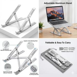 Adjustable Laptop Stand Aluminum Silver holding a notebook on desk