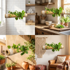 Bamboo Hanging Planter Pack of 1 on wall with money plant