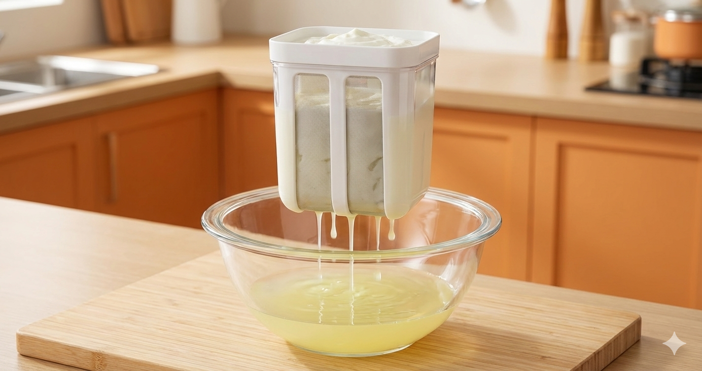 Greek yogurt strainer hanging whey separation