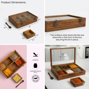 Premium Sheesham Wood Spice Box 6 compartments with turmeric and chili powder