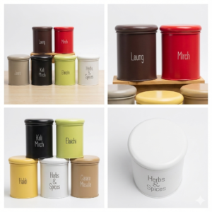 8-Piece Airtight Spice Jar Set in multicolor metal with printed labels for Haldi Mirch and Jeera