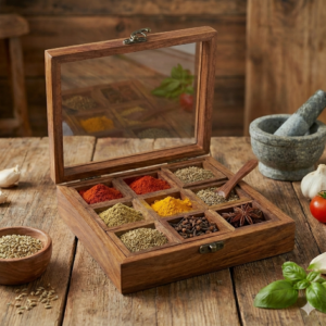 Wooden Masala Dabba 9 containers open view with spoon and spices