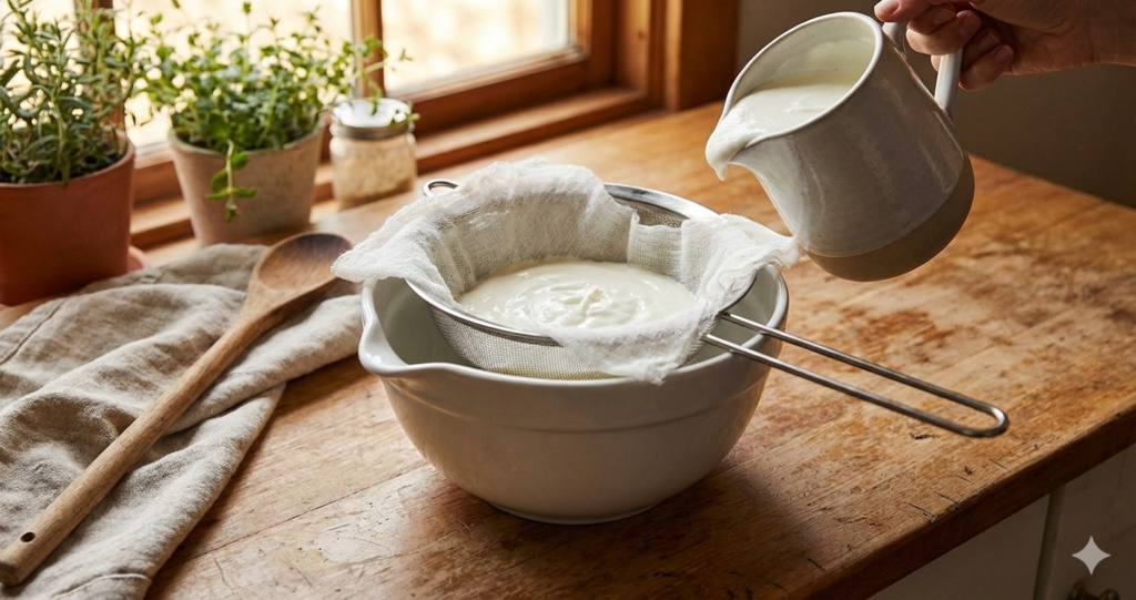greek yogurt strainer setup bowl