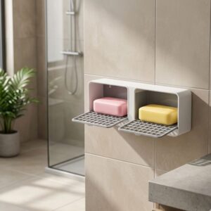 White No Drill Double Soap Box wall mounted with cover and hooks