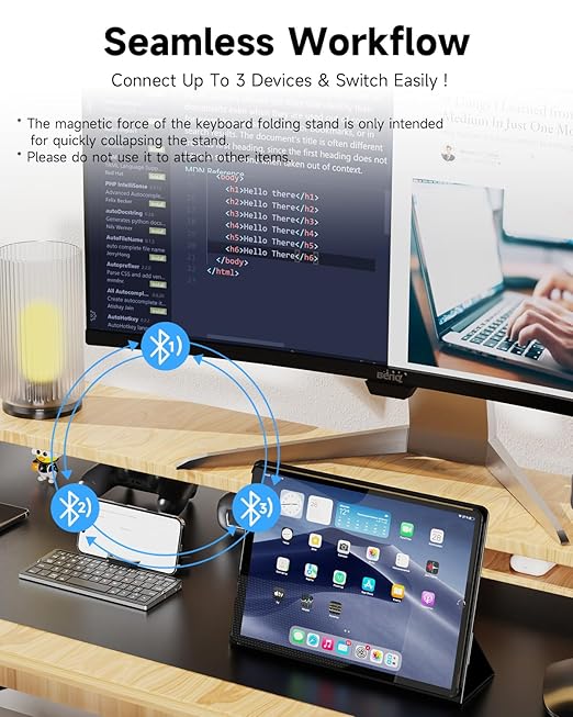 SIKAI CASE Foldable Bluetooth Keyboard with Magnetic Stand, Aluminum Alloy Mini Quiet Folding Portable Lightweight Travel Rechargeable Pocket for Tablet, iPad, Phones, Black - Image 4