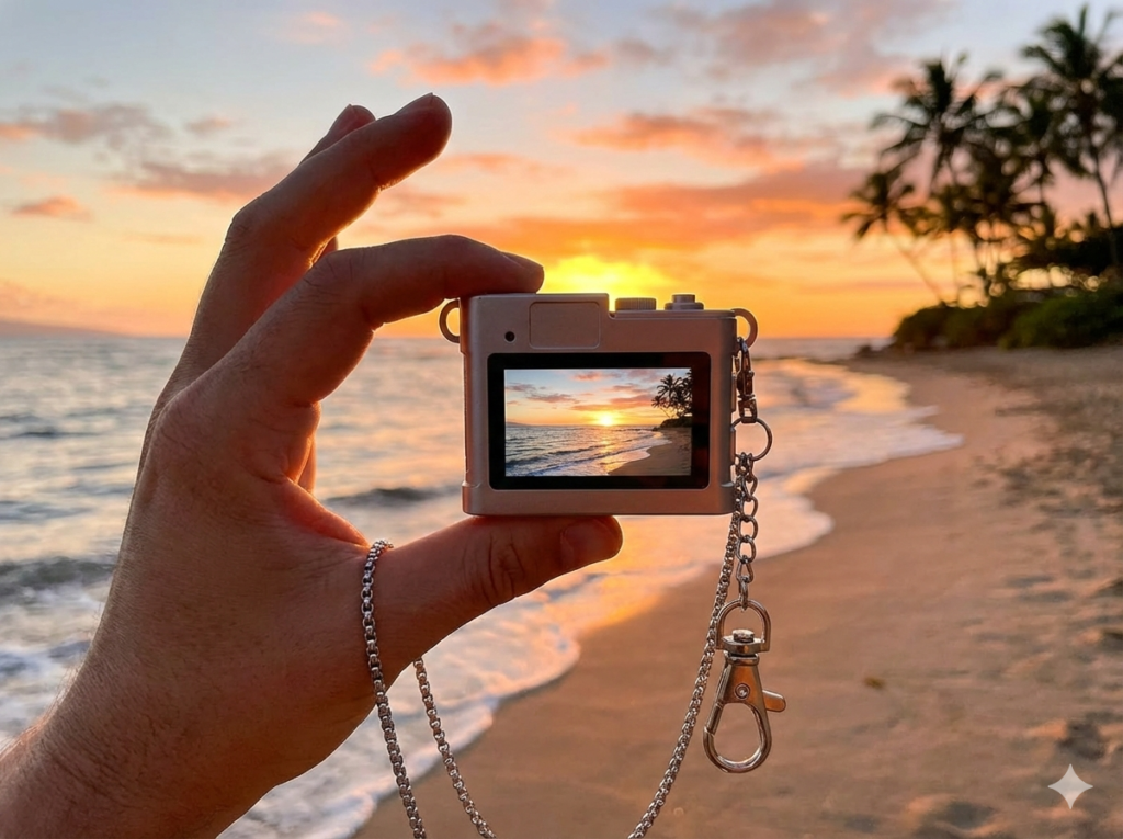 Vlogging with keychain camera at cafe