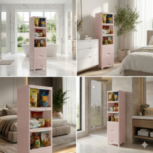 5 Tier Plastic Wardrobe Pink Color with shelves and drawers for kitchen storage