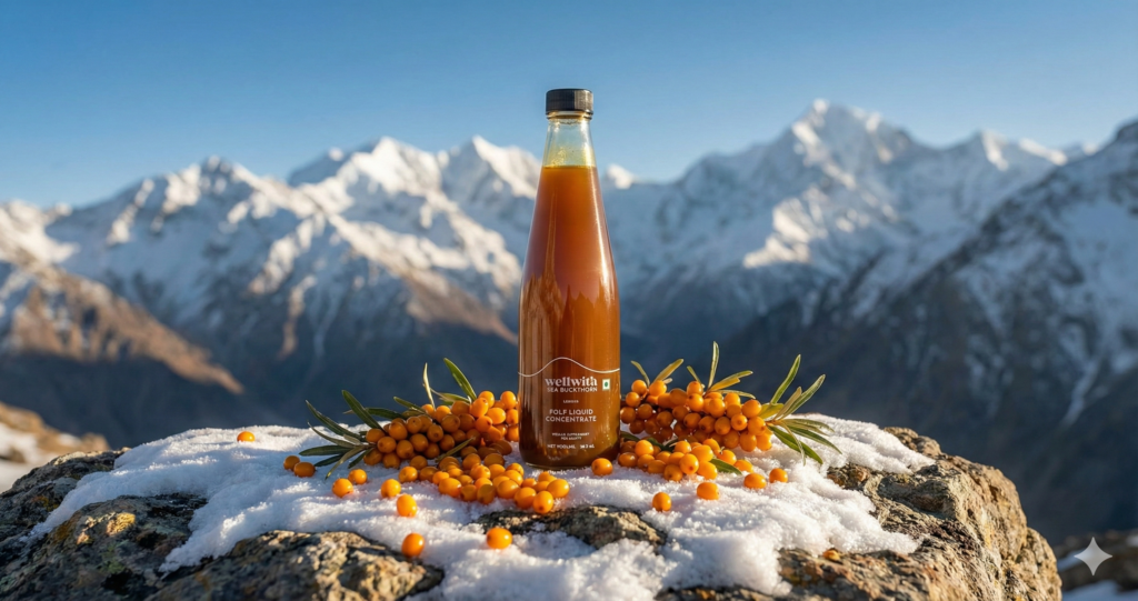 Himalayan Sea Buckthorn Juice bottle with berries