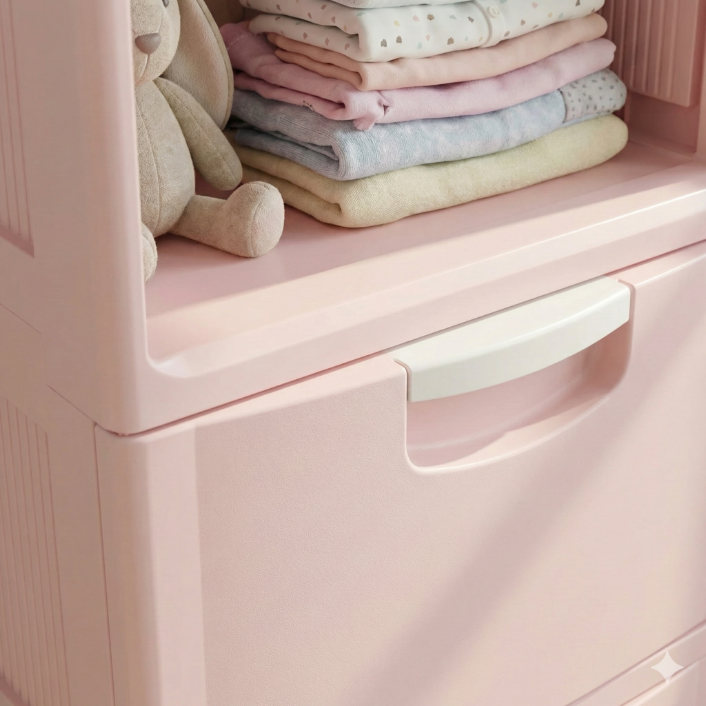 plastic storage tower with drawers and open shelves