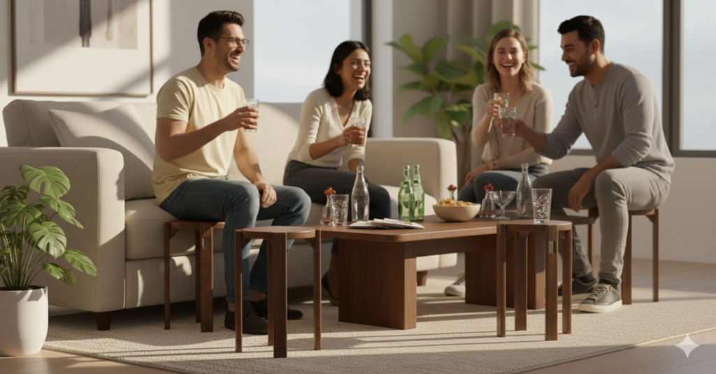 Guests sitting on wooden stools at dining table