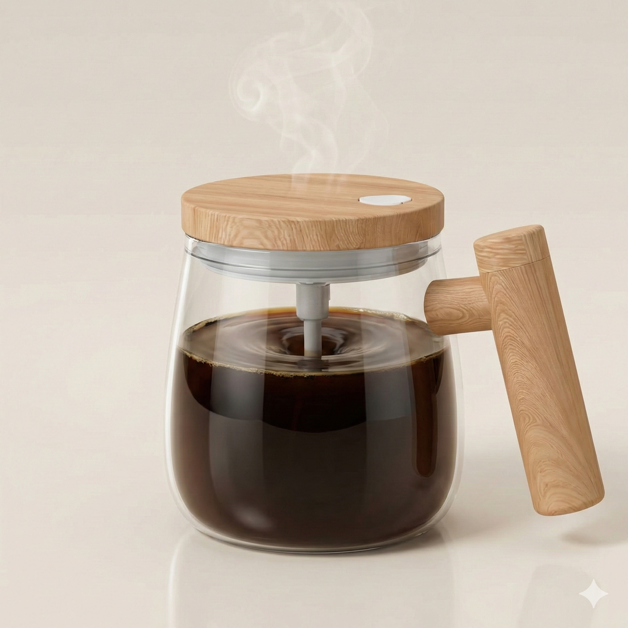 The Quenship Glass Electric Mug mixes coffee automatically.