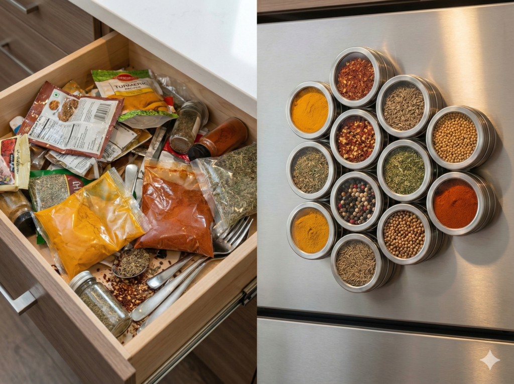 Messy spice drawer vs organized magnetic spice wall