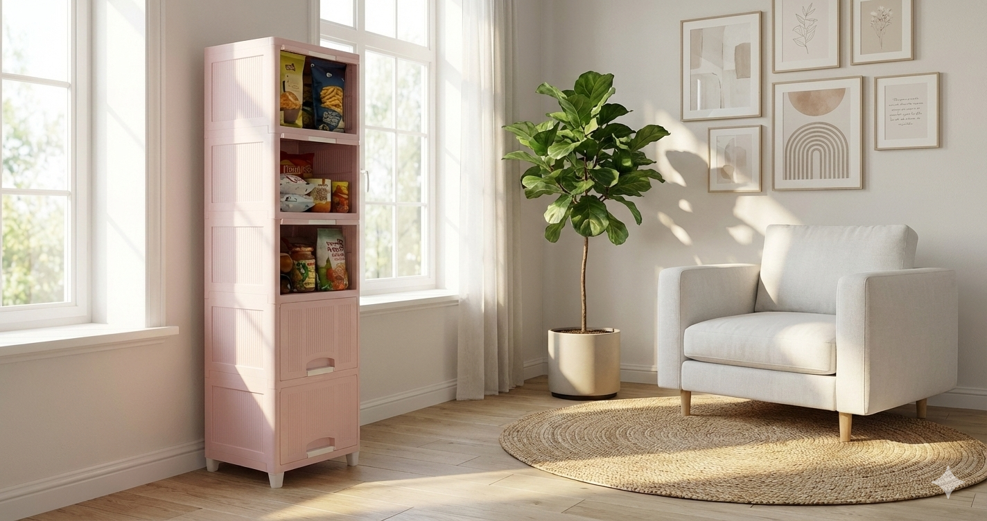 5 tier plastic storage wardrobe pink color for home organization