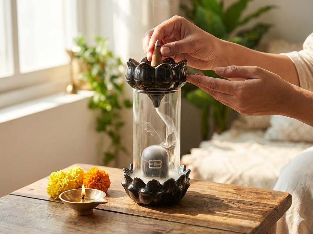 glass shivling smoke fountain for meditation and yoga