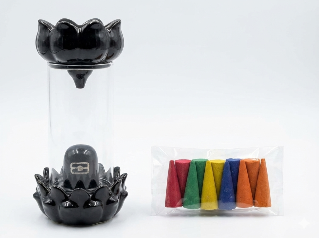 glass shivling smoke fountain with 10 free incense cones