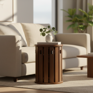 Stackable Wooden Stool Set used as a cylindrical side table with a white vase