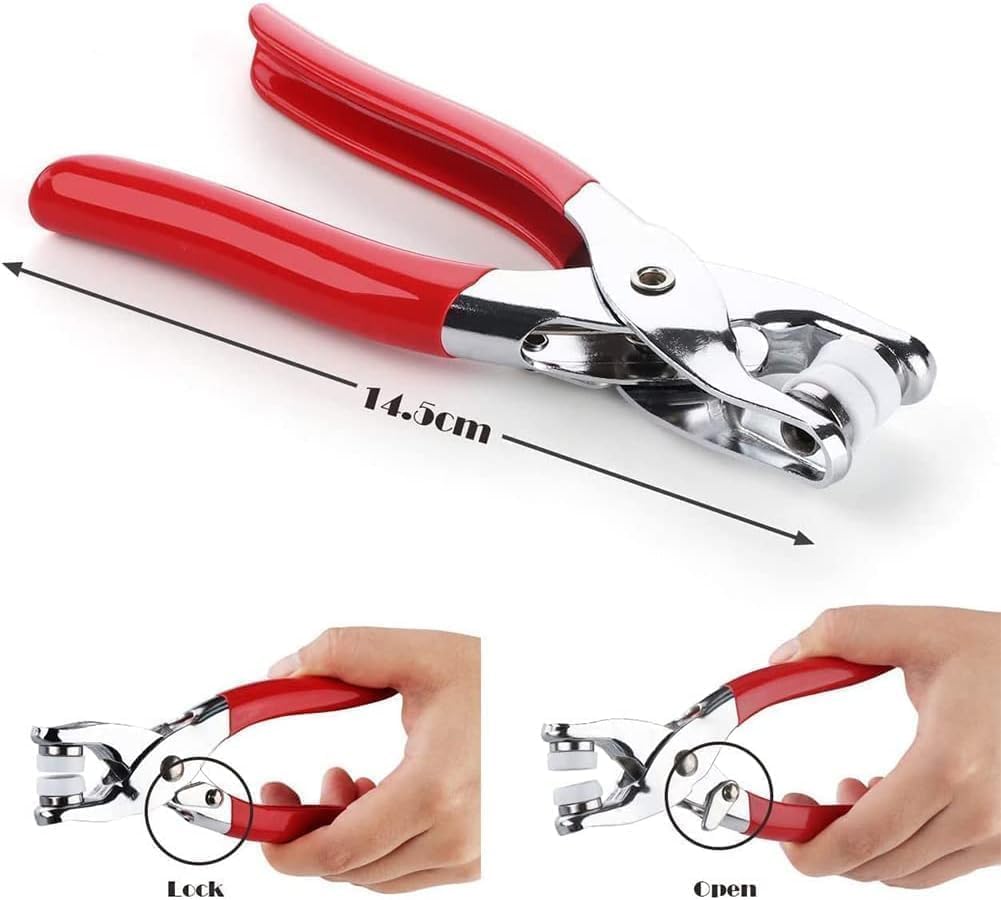 Red handled plier tool pressing a Snap Button Tool Kit ring onto fabric