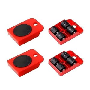 Four red Furniture Moving Wheels used for easily shifting heavy washing machines and fridges