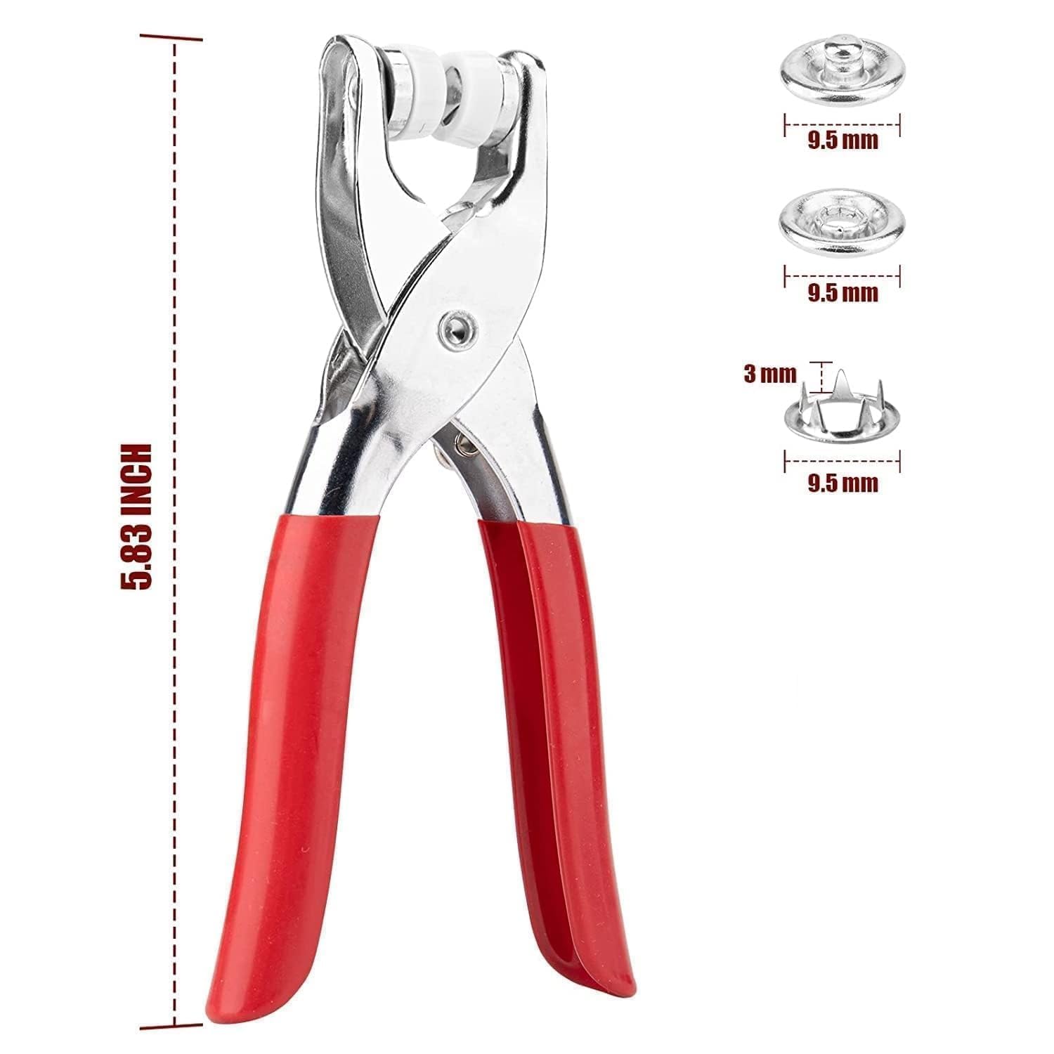 Red handled plier tool pressing a Snap Button Tool Kit ring onto fabric