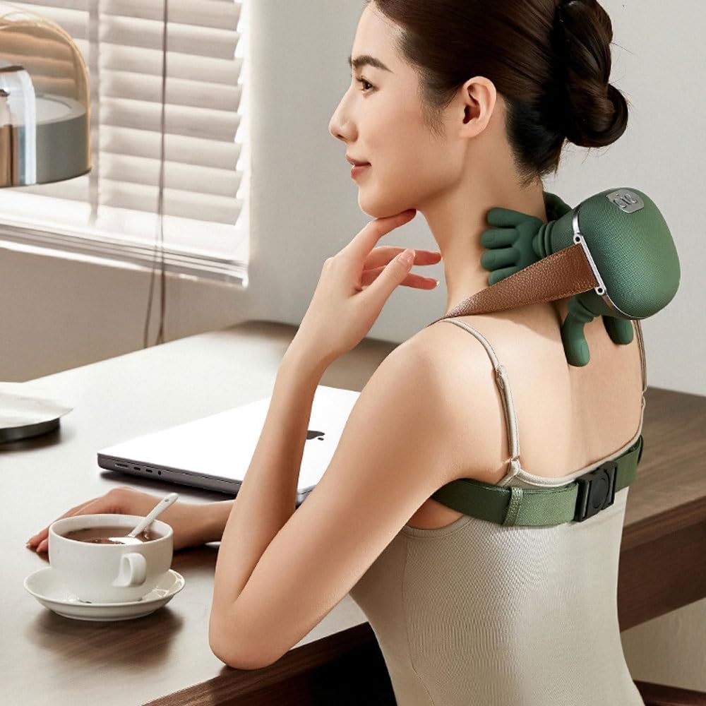 Woman relaxing with the wireless bionic heated massager strapped to her neck