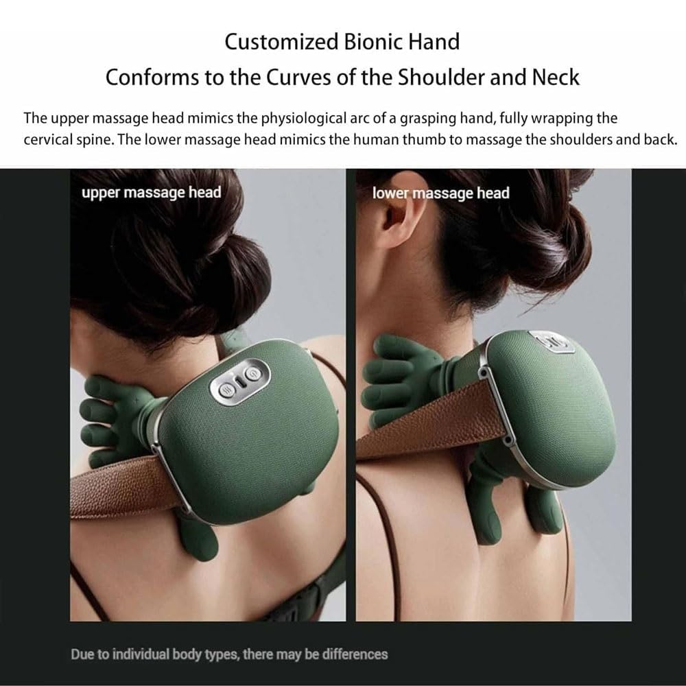 Woman relaxing with the wireless bionic heated massager strapped to her neck