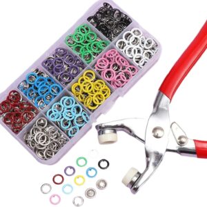 Colorful metal rings and heavy duty plier inside the Snap Button Tool Kit