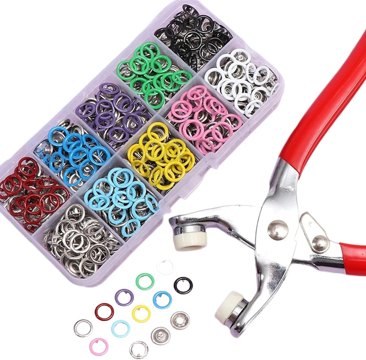 Colorful metal rings and heavy duty plier inside the Snap Button Tool Kit