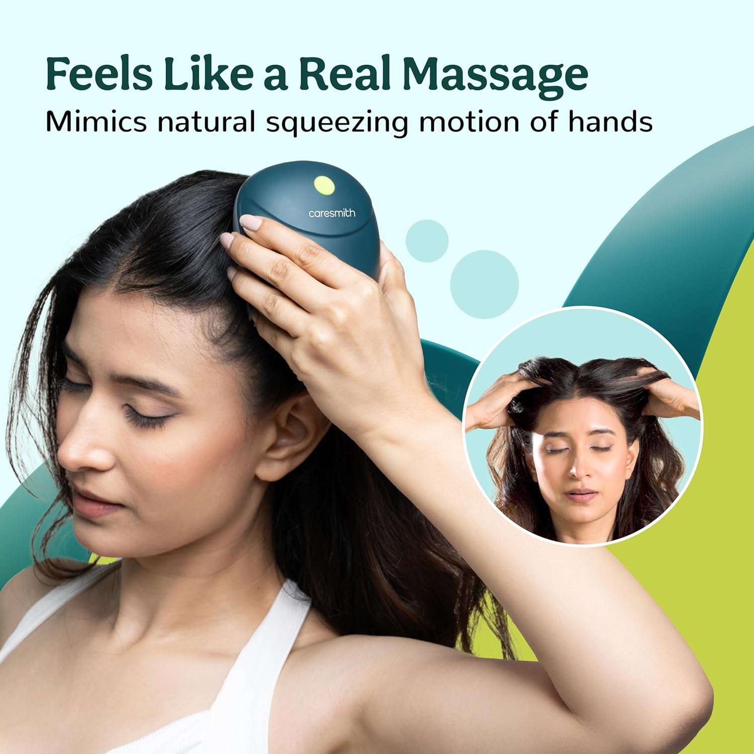 Portable Caresmith Revive Scalp Massager used for relieving stress on neck and shoulders