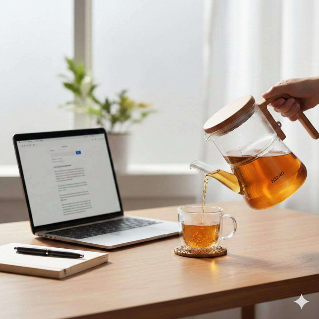 Brewing green tea in office using glass pot