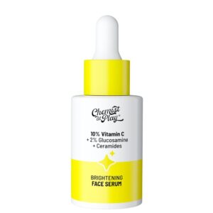 Close up of the yellow Chemist At Play Vitamin C Serum bottle showing ingredients like Ceramides