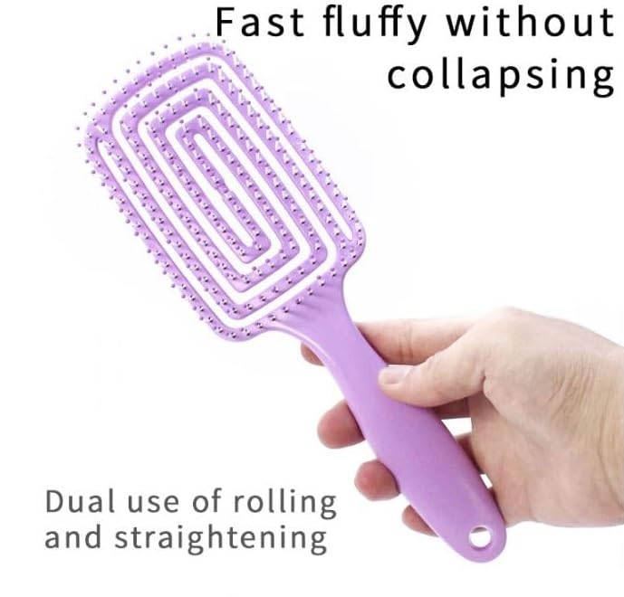 Side profile of the curved bristle head on the detangling brush designed to fit the scalp