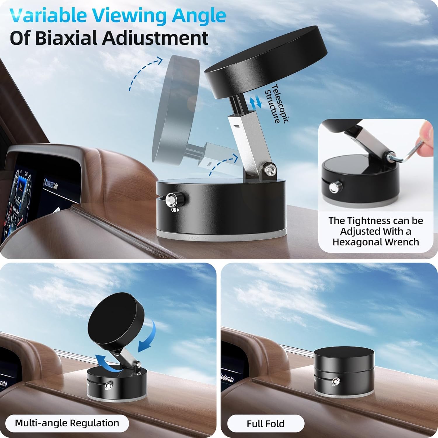 Biaxial adjustment folding arm on the sleek black Magnetic Vacuum Suction Phone Holder