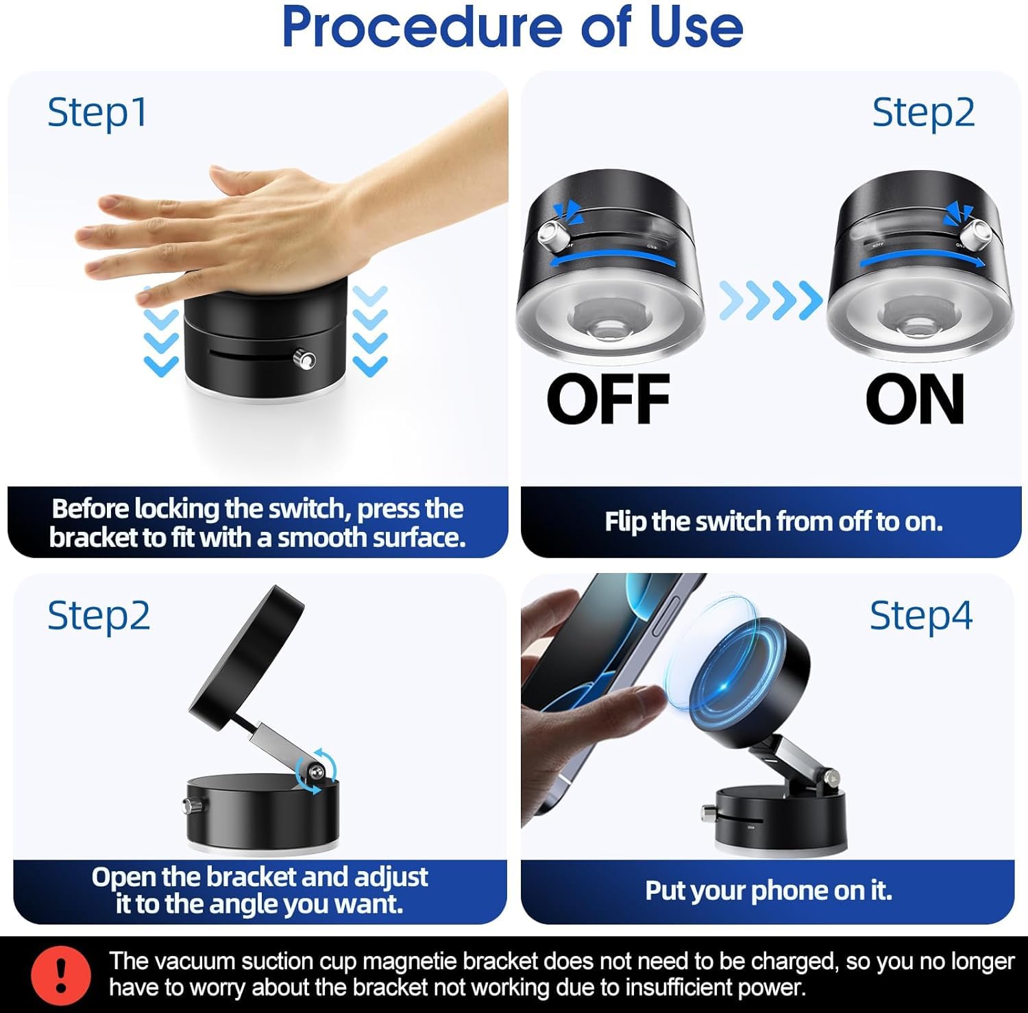 Biaxial adjustment folding arm on the sleek black Magnetic Vacuum Suction Phone Holder