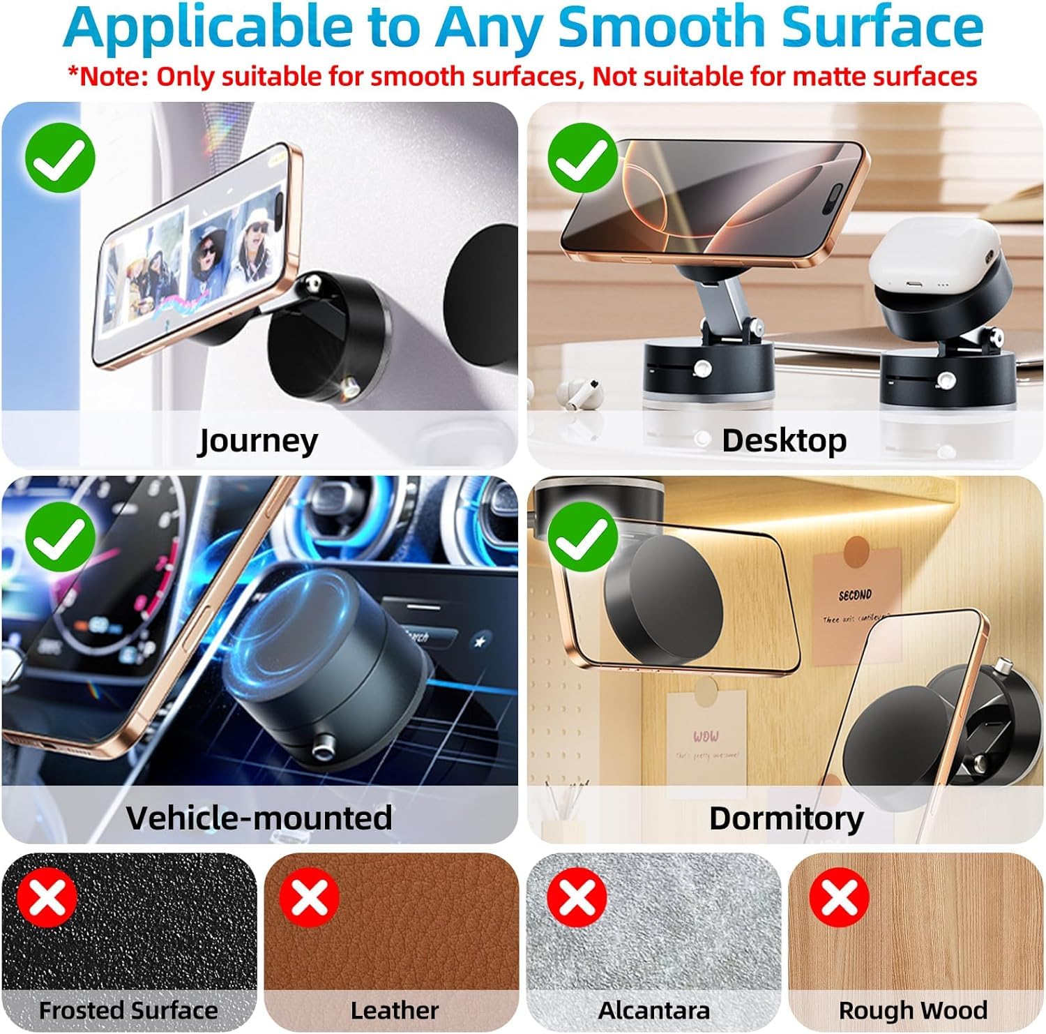 Biaxial adjustment folding arm on the sleek black Magnetic Vacuum Suction Phone Holder